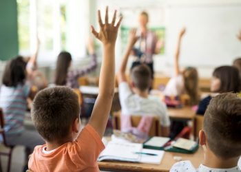 Back view of schoolboy raising hand to answer the question.